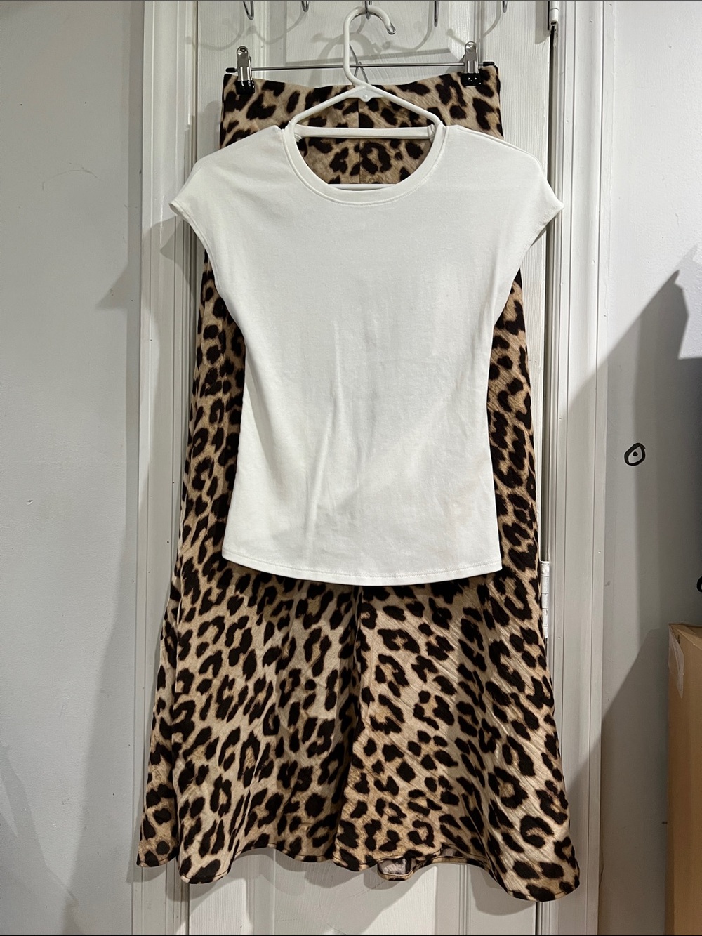 Zara White Twist-Back Top with Leopard Print Skirt